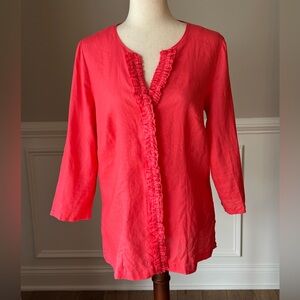 Marina Luna 100% Linen Hot Pink Ruffle Button Down Shirt size Large